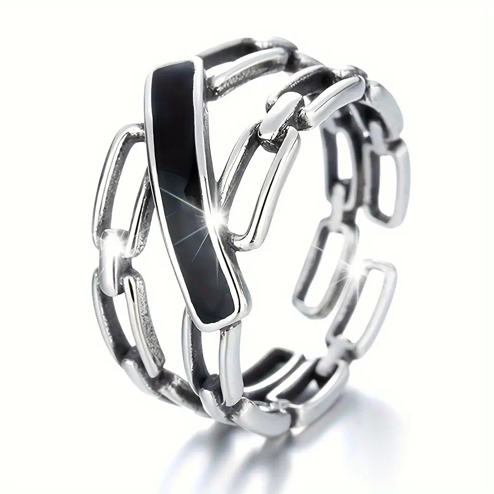 Image of 1pc Spring Summer Wide Geometric Hollow Chain Fashion Adjustable Men Women Retro Style Premium Suitable For Daily Party Gatherings Valentine's Day Gift For Lovers , Casual Fashion Ring