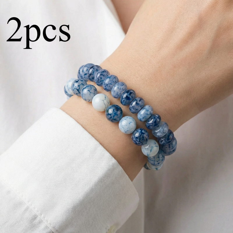 Image of 2pcs Of -dotted White Agate Oval Abacus Beads + Blue-dotted White Agate Round Bead Elastic Handmade Bracelet, Perfect For Any Occasion, For On Valentine's Day And Christmas, Anniversary Gift