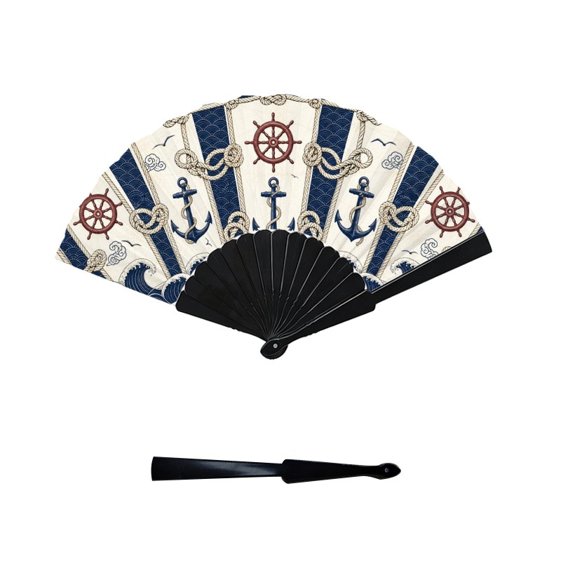 TEMU Éventail pliant à main sur le thème , panneaux bleu marine et avec de navire rouge, bleue et décor à motif de , 1 pièce style baleinière en