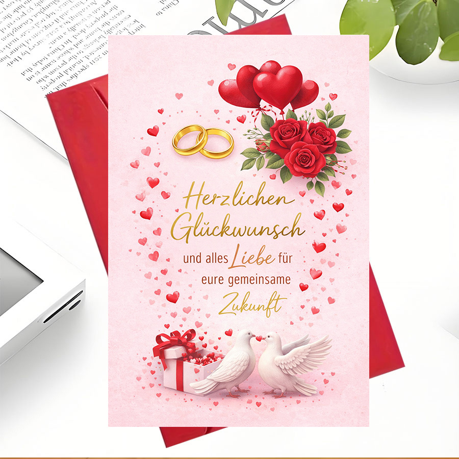 TEMU 1 Grußkarte + 1 Umschlag – Romantische Hochzeitsglückwunschkarte mit Rosen, Herzen Tauben – für Paare, Frischvermählte oder Jubiläumsgeschenke,