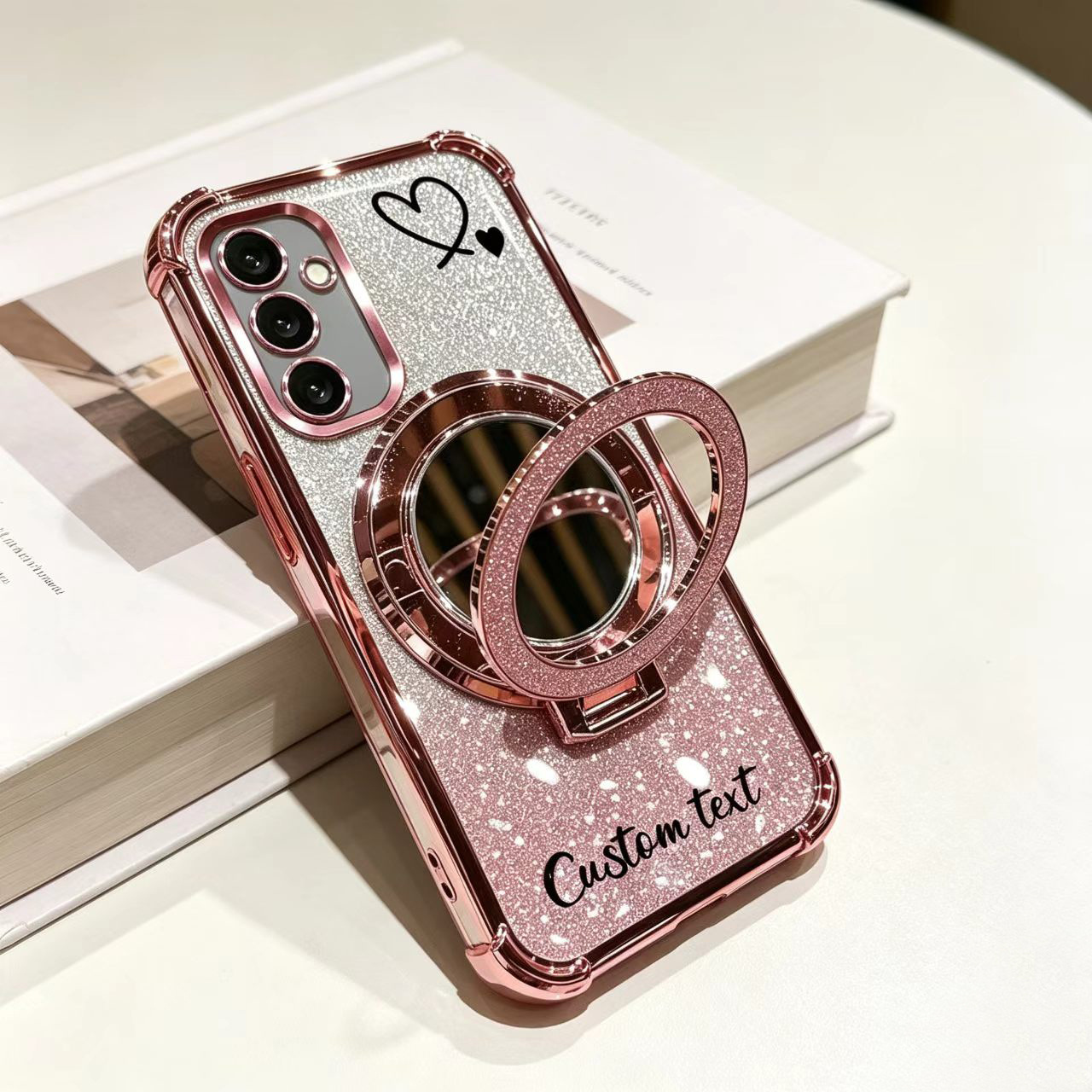 TEMU Phone Case - For Electroplated Glitter Gradient Makeup Mirror Holder, Mobile Phone Case, Customizable Text Font Design, Suitable For Galaxy S25,