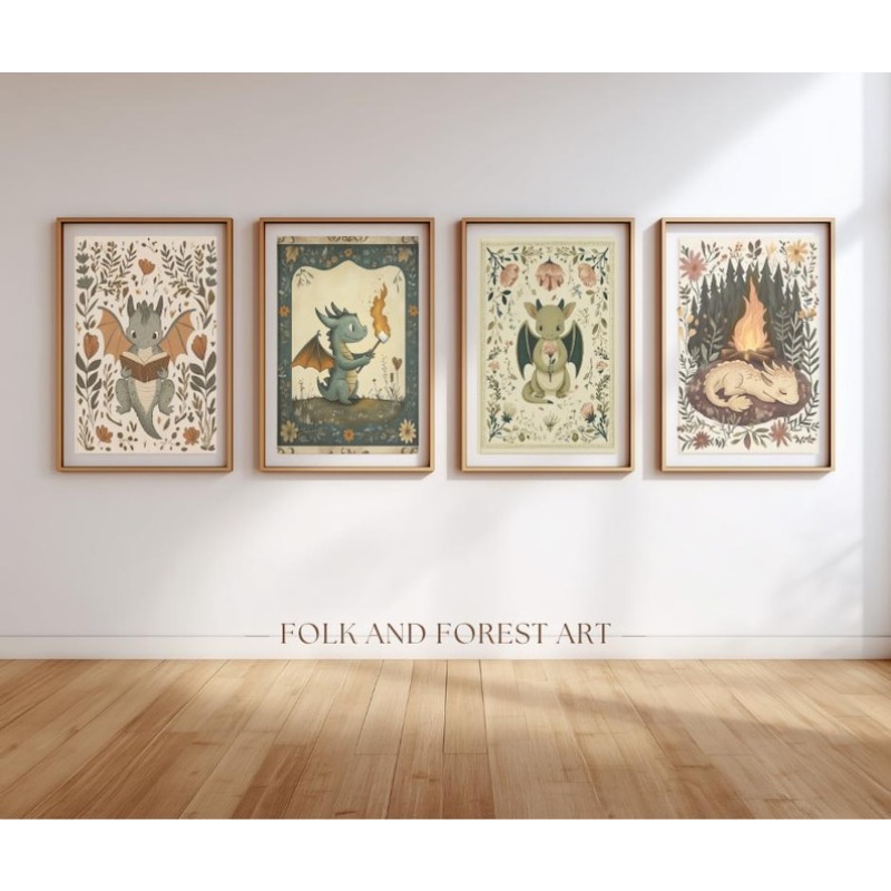 TEMU Ensemble d'Art Mural 2D Plat de Bébé Dragon Fantaisiste – Pack d'Art pour Chambre d'Enfant | Dragon , Dormant, Rôtissant des Guimauves et Tenant