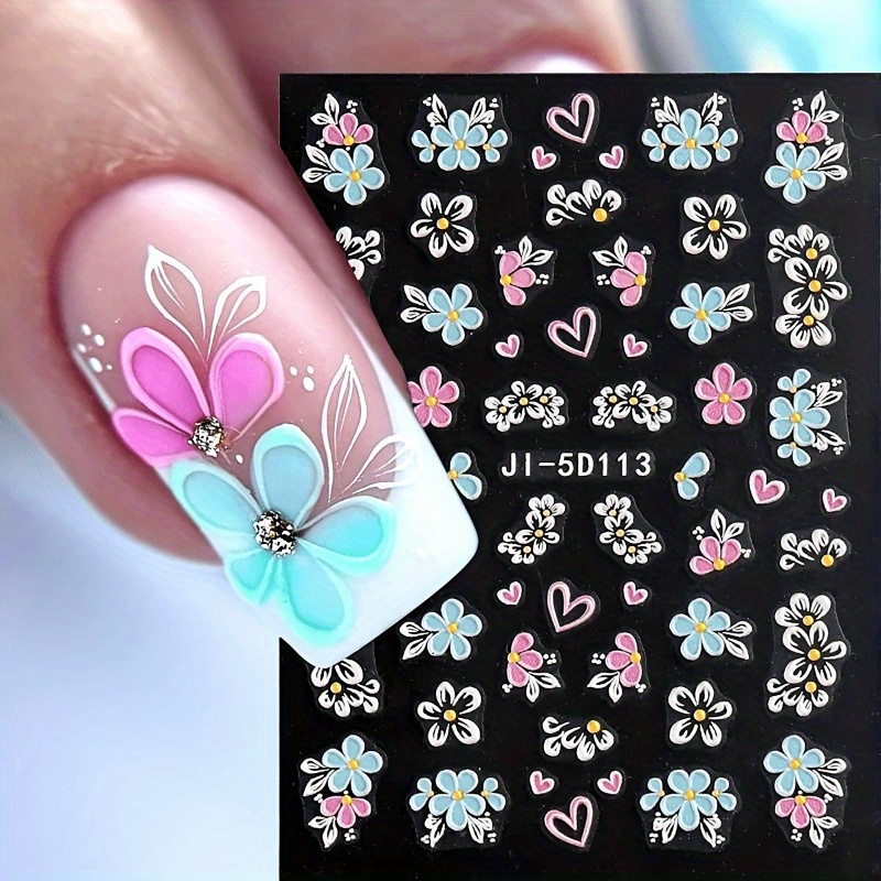 TEMU 2sheets 5d Embossed Flower Nail Stickers Petals Acrylic Spring Summer Floral Slider Nail Decor Nail Art Supplies