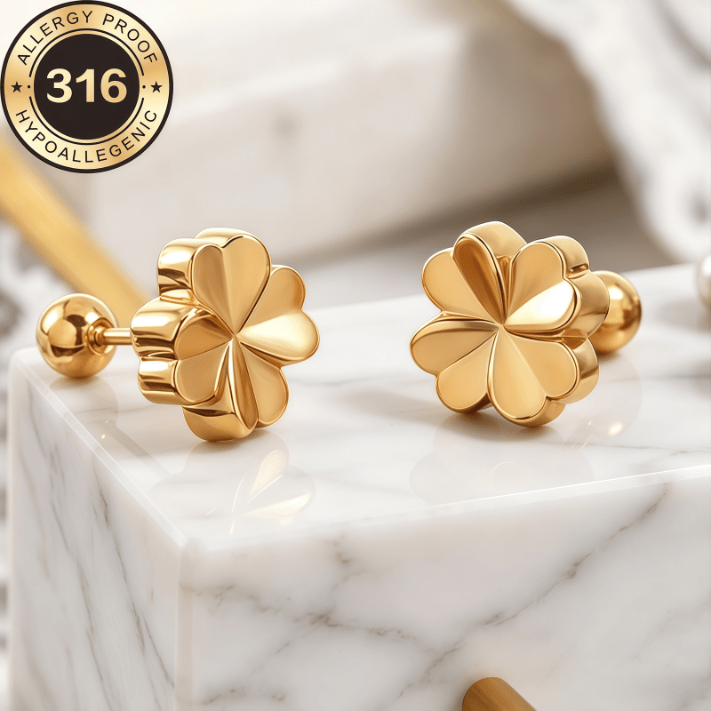 TEMU Steel Women's Earrings, Hypoallergenic Earrings, Heart Studs, Clover Studs, Women's Earrings, 18k Golden Plated, High-quality Earrings,