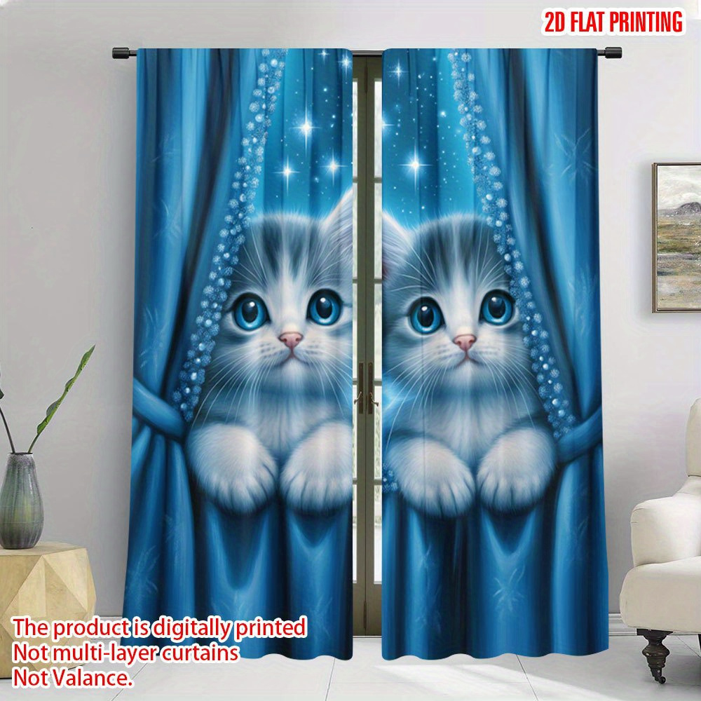 TEMU 2d Flat - 2d Flat - 2d Flat - 2d Flat - 2d Flat Printing, Set Of 2 Cat Curtains For A Cozy Atmosphere, Easy Rod Pocket Setup, Ideal For Study