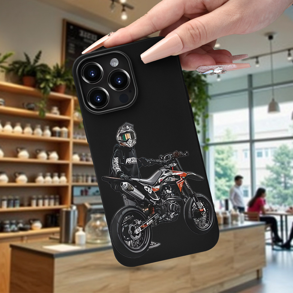 TEMU Phone Case: Fashionable Sport Motorcycle Riding Gear Pattern - Cute, Simple, , Trendy, Comfortable Grip Black Phone Case For Iphone 16/16 Pro/16