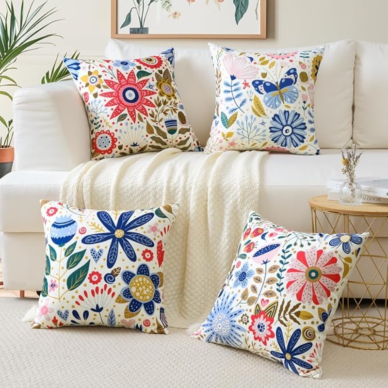 Juego de 4 Fundas de Cojín 45x45cm para Exterior, Fundas de Almohada con Flores, Decoración de Estilo Granja para…: retailer-supplied image