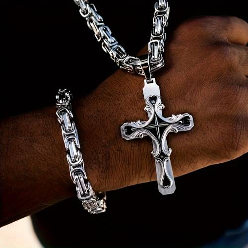 2pcs vintage men fashion necklace set with cuban chain stainless steel cross pendant