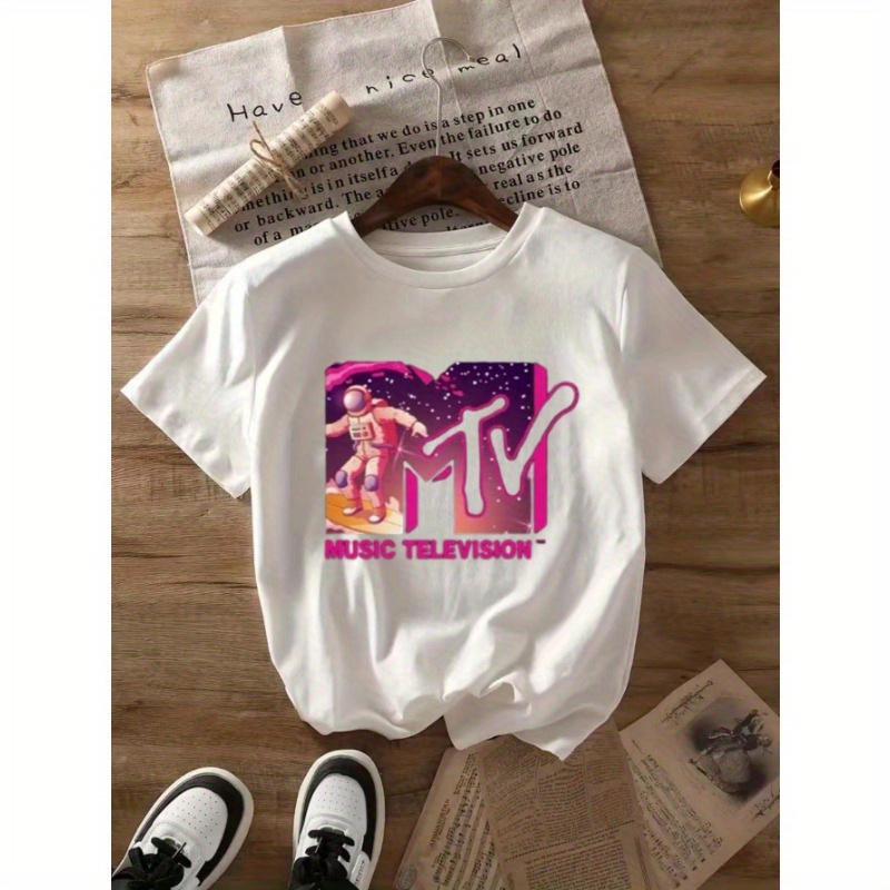 

Minimalist] Retro '80s-inspired Mtv Graphic Tee For Women - Black Crew Neck With Astronaut & Design, Short Sleeve Casual Top, Machine Washable, Apparel|astronaut Theme Shirt|