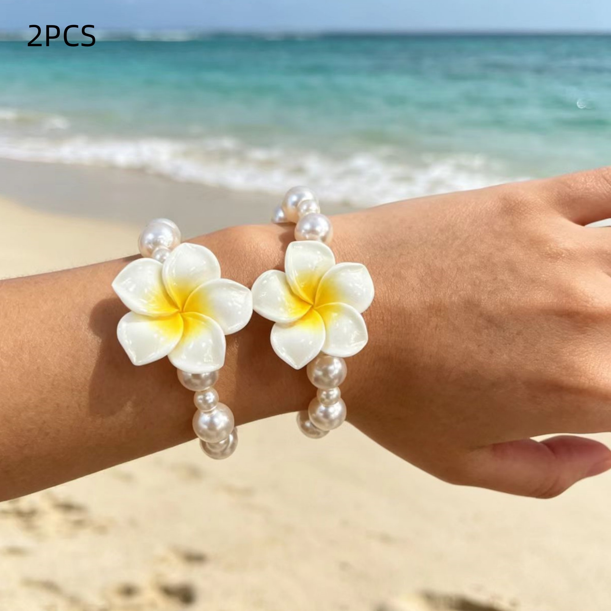 TEMU Lot de 2 élastiques à cheveux hawaïens à double de plumeria, peuvent portés bracelets, accessoires de cheveux de style plage d'été pour les