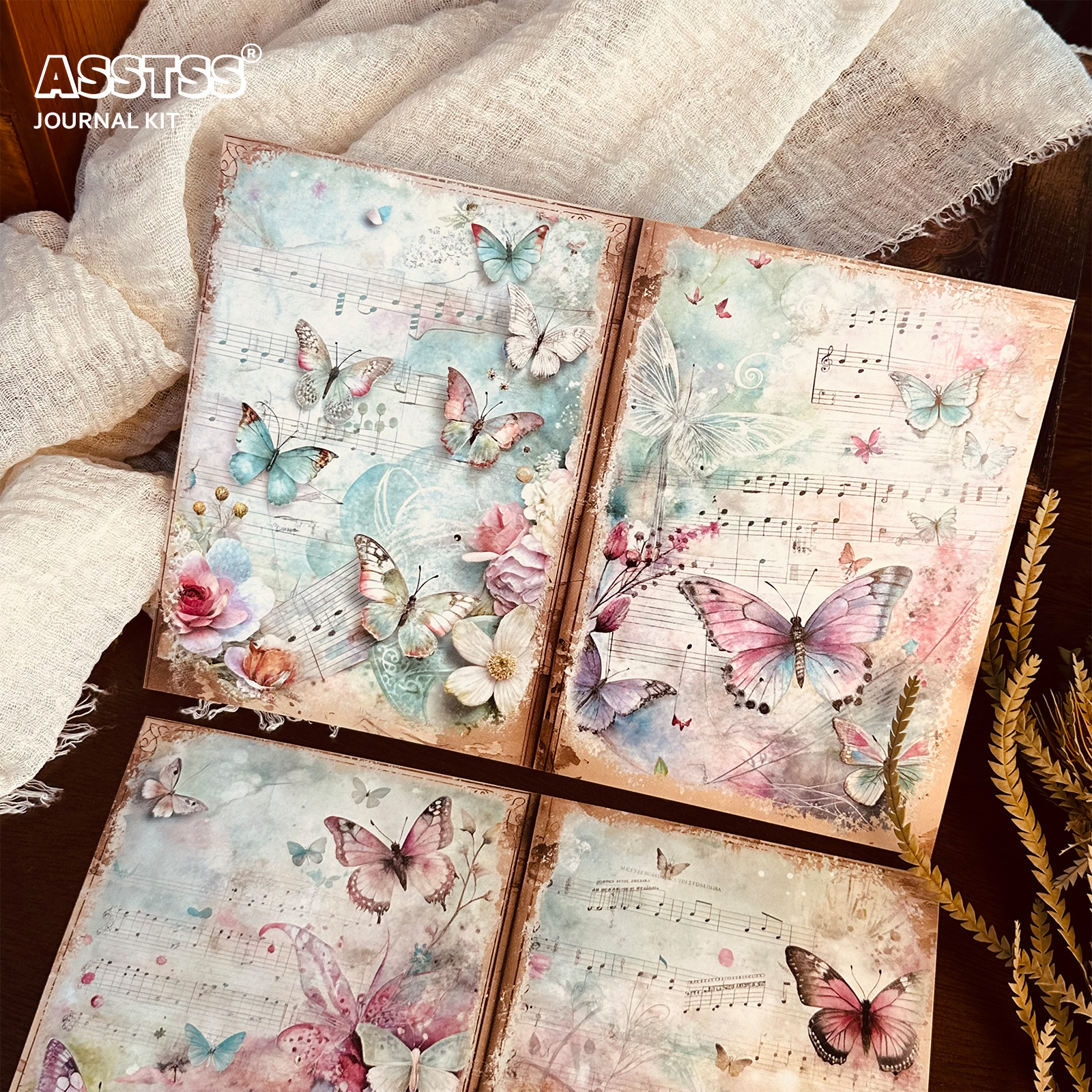 TEMU 20 Sheets Of A5 Vintage Green Watercolor Paper Featuring Butterflies, Flowers, And Musical Notes, Junk Journals And Scrapbooking. Ideal For Arts