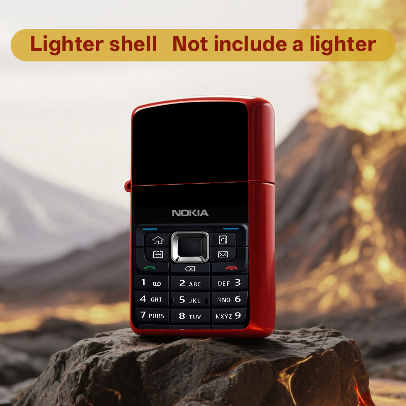 2D HD Printed Retro Phone-Shaped Metal Lighter - Windproof Protective Case, Durable Iron Construction, No Refill Needed, Creative Gift for Father S Day, Boyfriend, or Everyday Use, Stylish Accessory,  , Metallic  ,   Resistant, Refillable, Induction Coil Lighter, -Rotary Technology, Rechargeable,   Lighter