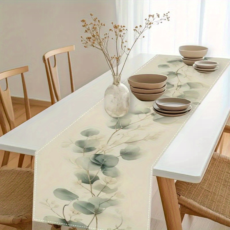 Fall Table Runner With Eucalyptus Leaves - 13x72 Inch Autumn Kitchen Dining Decor