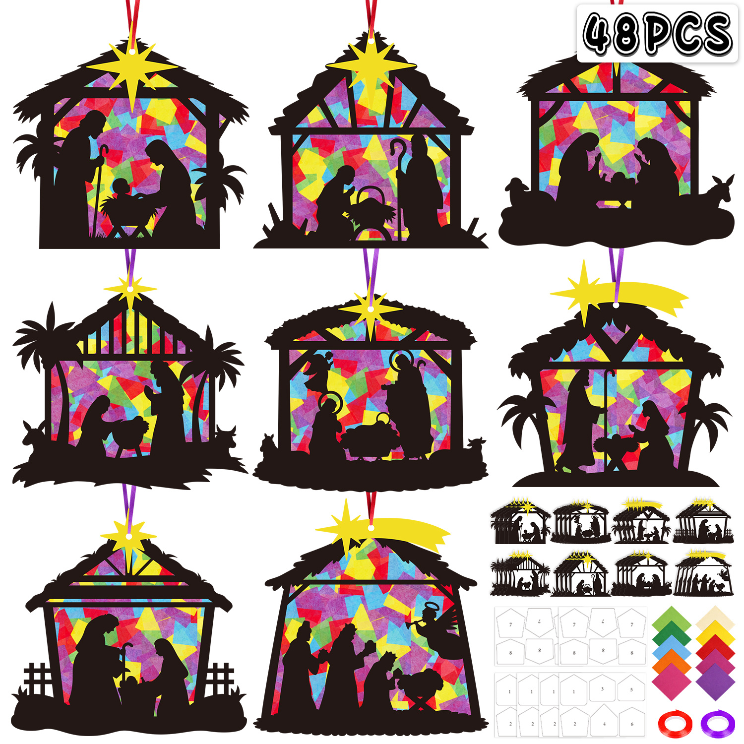 TEMU 48pcs Christmas Nativity Suncatcher Kit - Religious Paper Window Decorations With Tissue Paper And Ribbon For Holiday Church Events, Favors &