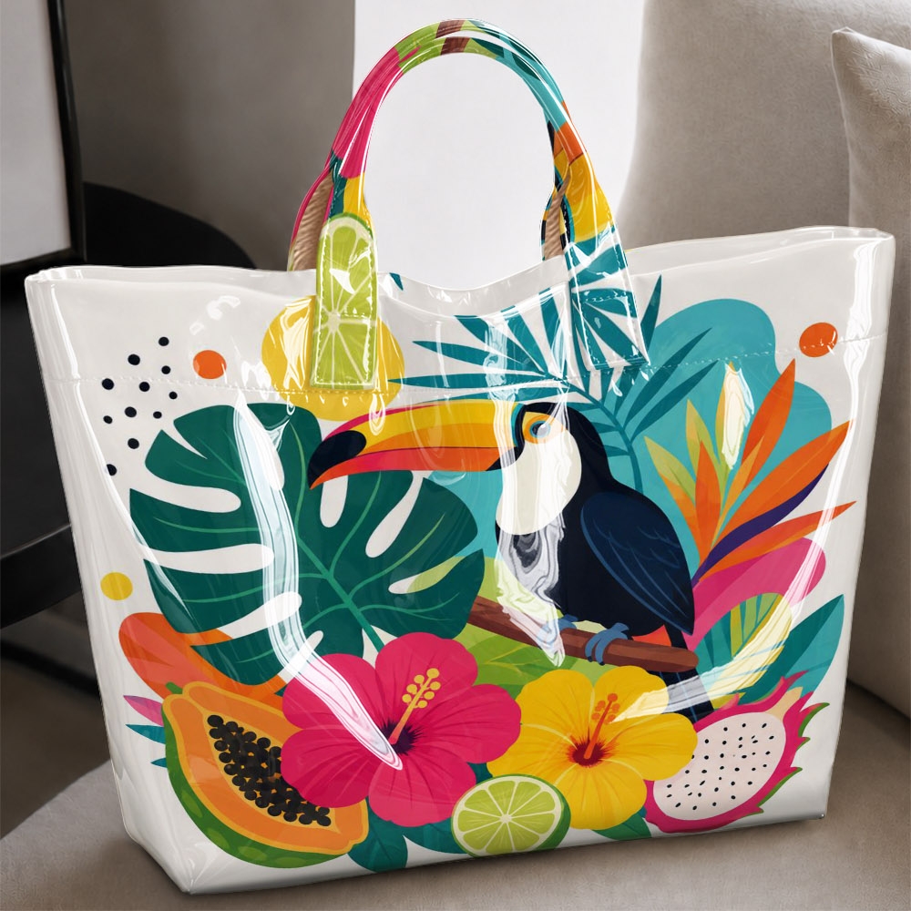 Image of Tropical And Fruit Print Tote Bag - A Vibrant, Vacation-style Handbag With Spacious Capacity, Perfect For Travel, Shopping, Island Getaways, Summer , And Casual Daily Use