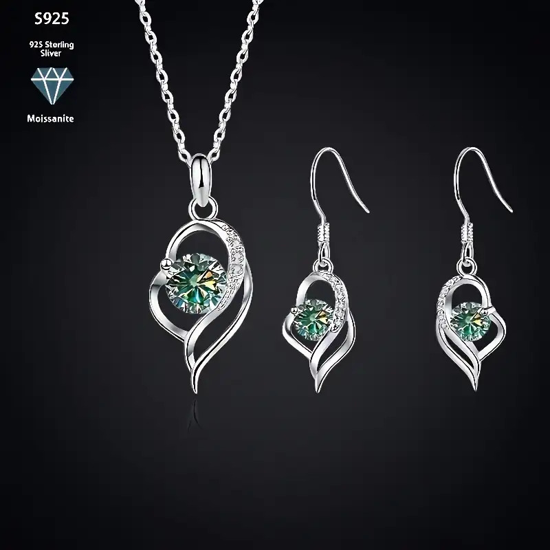TEMU Ensemble Collier Pendentif et Boucles d'Oreilles en Argent S925 Incrusté de Moissanite 5g 1CT - Cœur pour Femme, Tendance Mode, 1 Paix de Bijoux