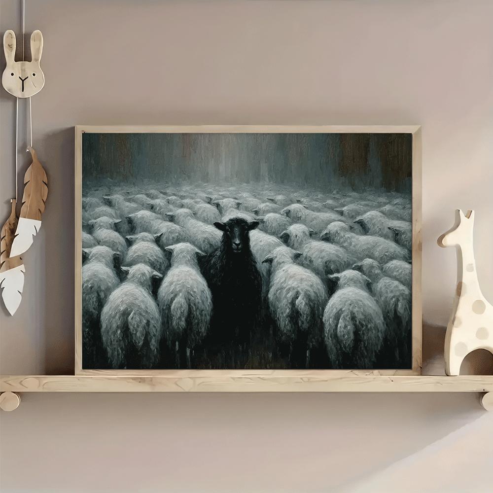 1pc Black Sheep in White Flock Canvas Art Print - Frameless Wall Decor for Living Room, Bedroom, Office, Bar, Cafe - Ideal Gift for Thanksgiving, Halloween, Christmas, New Year'S Day, Sheep Decor