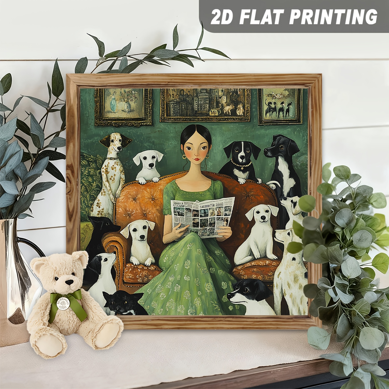 TEMU 2d Flat - Retro Wooden Wall Art, Depicting A Woman Reading A Newspaper With A Dog, Suitable For Bedroom Or Living Room Decor Halloween Christmas