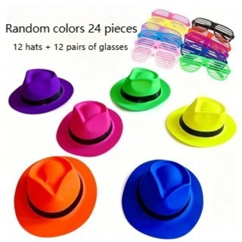 TEMU 24pcs Random Colors Hats And Decorative Glasses - Unisex Headwear, Ideal For Weddings, Birthdays, Parties, Halloween, Music, Disco, Photo Booth