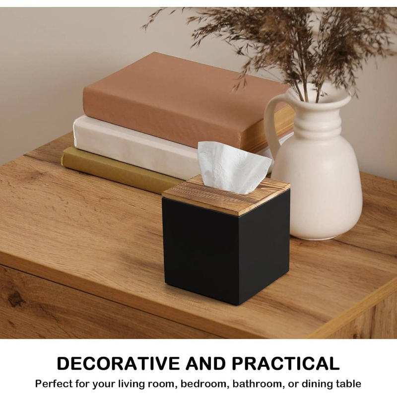 modern black wooden tissue box cover - decorative cube tissue dispenser with top surface, space-saving organizer for bathroom, kitchen, office, living room - compatible with standard tissues,   decor storage solution, tissue holder for bathroom, tissue box for living room, rectangle shape, bathroom layout- bright purple & teal accents Product details 4
