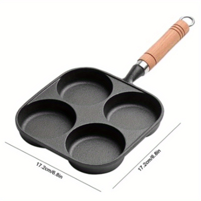 TEMU Cod 4 Hole Pan For Burger Egg Ham Pancake Maker Wooden Handle Frying Pot Cook