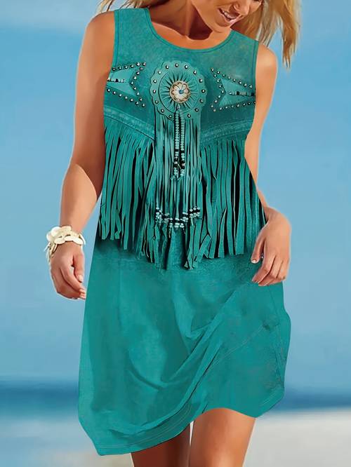 womens stretchy sleeveless dress turquoise black geometric print loose fit length dress with round neck machine washable everyday formal outfits casual party outfit dresses for party summer outfit fringe detailing comfortable wear