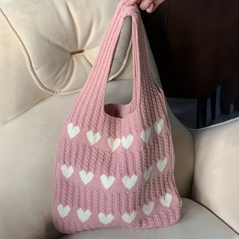 TEMU Love Pattern Crocheted Shoulder Bag, Soft Woven Handbag, Stylish Women's Handbag, Everyday Casual Accessories, Suitable For Dating, Shopping And