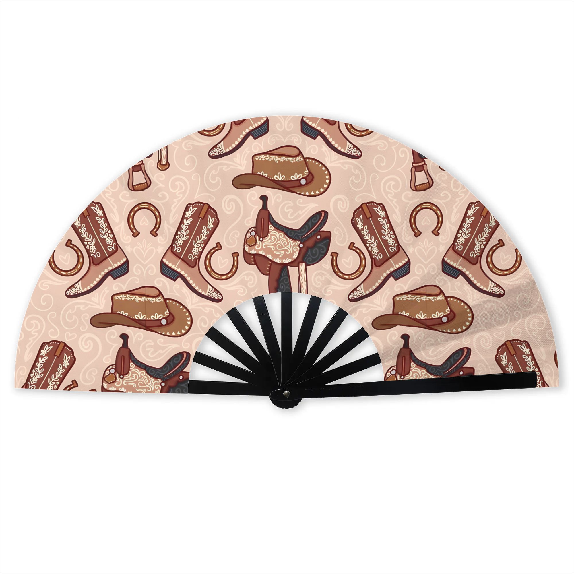 TEMU 2d Print Design Cowboy Western Folding Hand Fan For Outdoor Camping Parties Street Style Accessories Creative Fashion Prop Party Accessory