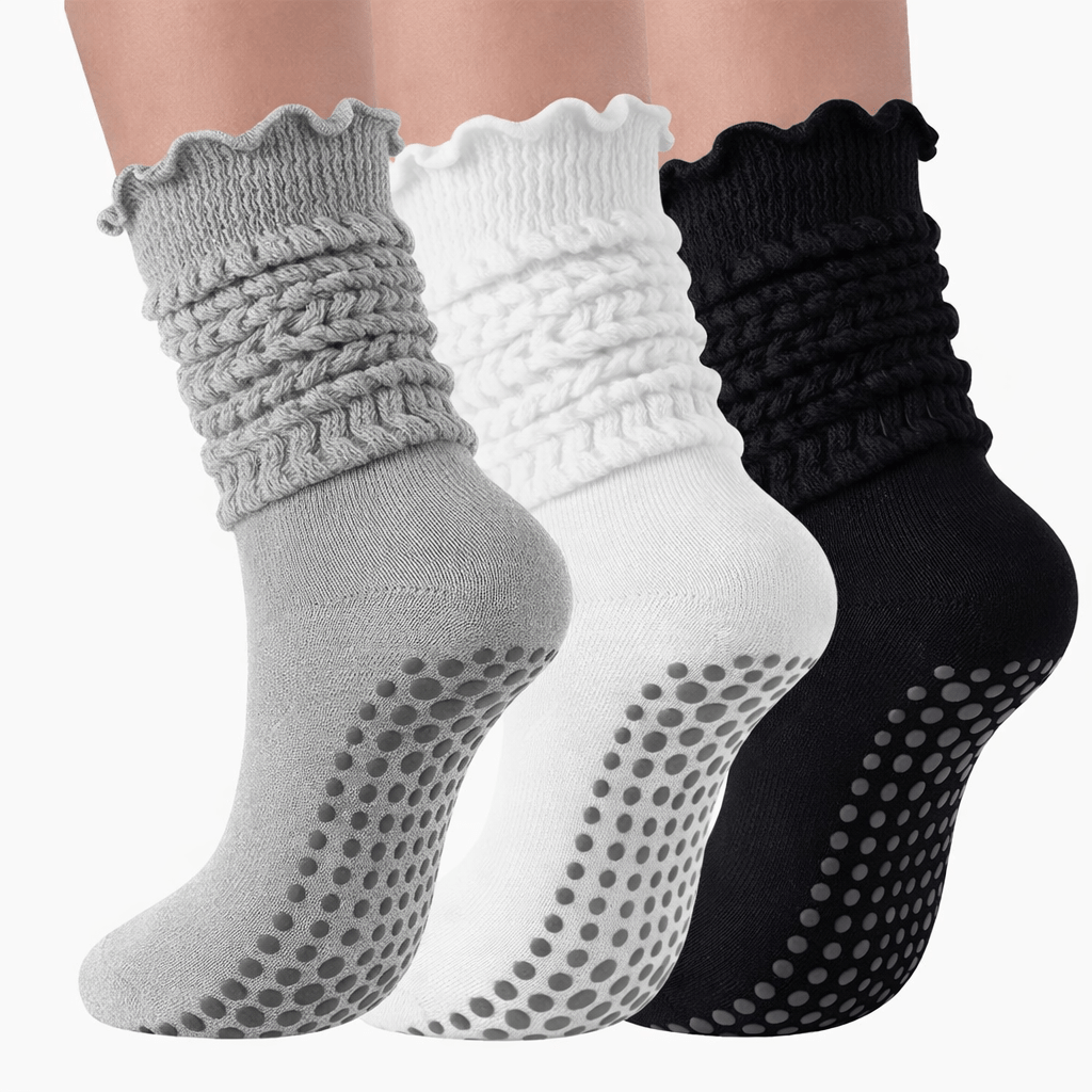 TEMU 3 Pairs Solid Black, White, And Gray Yoga Socks With -ear Design For Indoor Yoga And Exercise. Women's Pilates Calf-high Socks With Trendy And