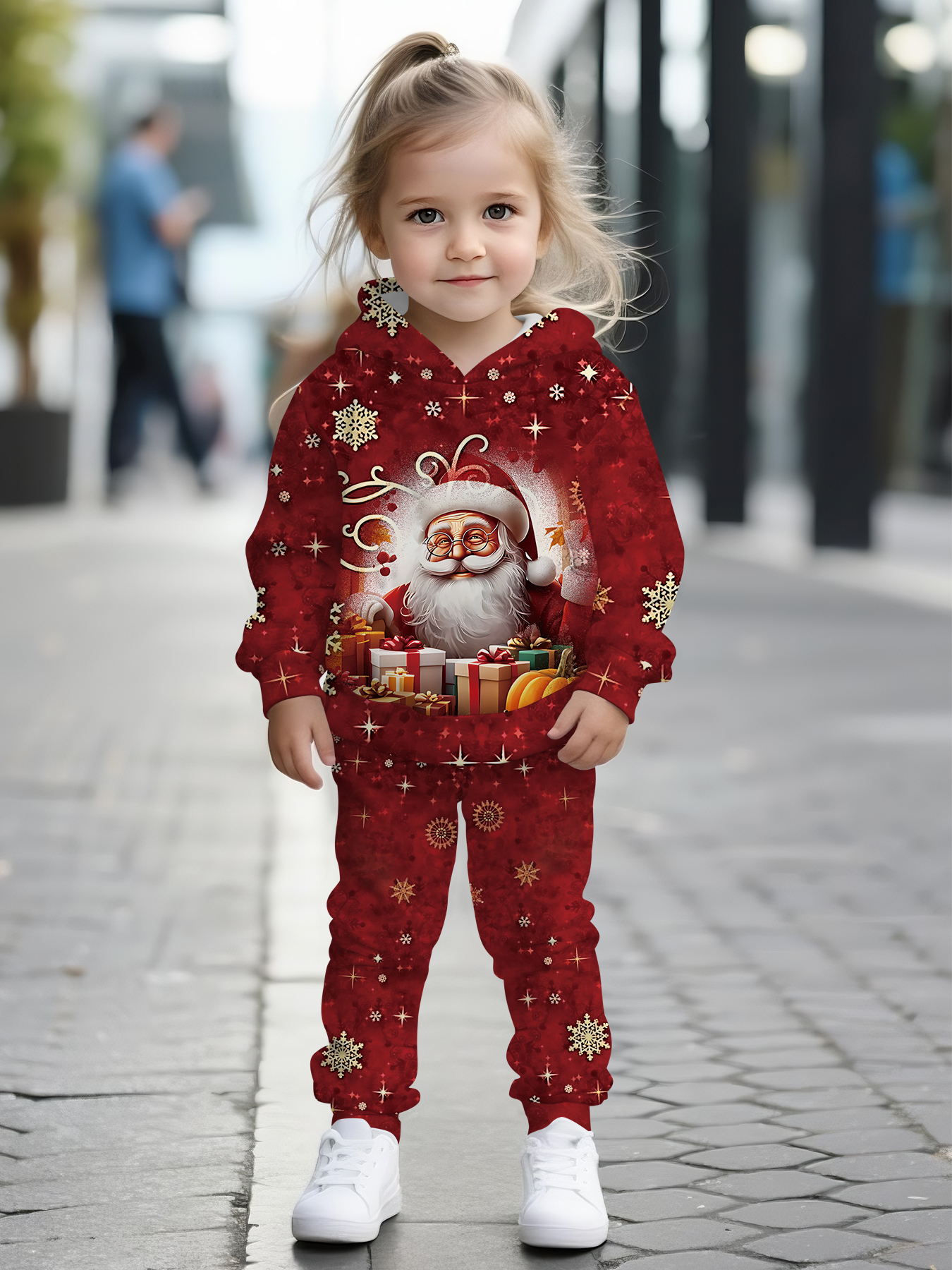 2-delige Meisjes Kerstman Gezicht & 3D Print Hooded Sweatshirt & Broek Set - Rode & Gouden Kerstoutfit met Kersthoed & Rendier Design, Casual Winterkleding voor Peuters & Kinderen, Perfect Cadeau voor Kleine Jongens & Meisjes (Machinewasbaar), voor Buiten
