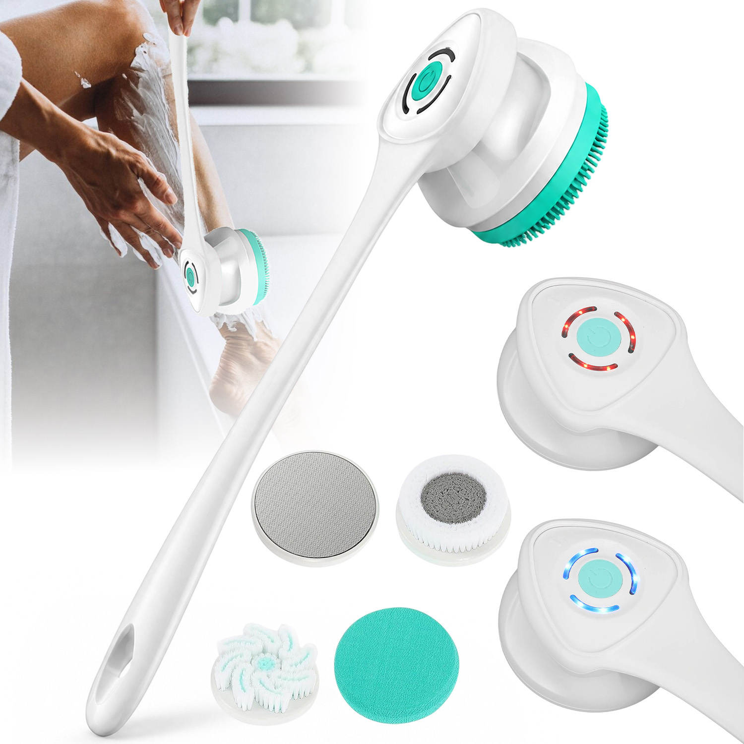Image of 5pcs Replaceable Heads Long Handle Back Scrubber Soft Body Shower Brush For Bathroom Skin Cleansing And Massage