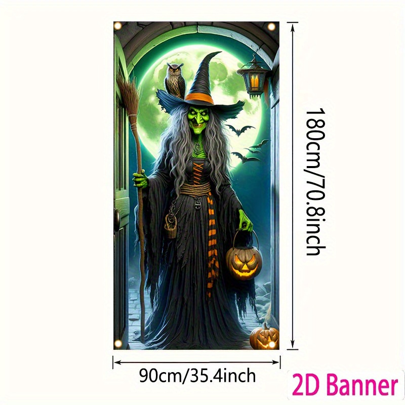 Image of 2d Banner, 1pc, Halloween Party Banner Featuring A Witch And An Owl, Halloween Garden Flag - Made Of 90x180 Cm Polyester, Suitable For Indoor And Outdoor Decoration, Yard, Entrance, And Party Banner