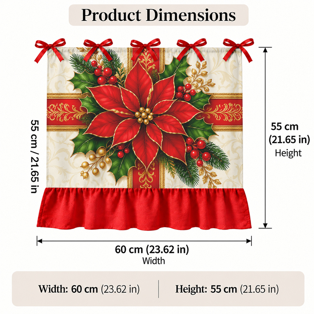 TEMU 2d Flat, Christmas Oven Cover Curtain With Poinsettia Pine Holly Print & Ruffle Hem - Semi-sheer Hanging Suitable For Oven Door Cover, Farmhouse