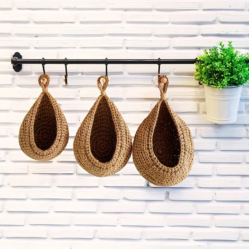 3pcs Bohemian-style Rope Handwoven Wall-mounted Basket Set, Multi-functional Hanging Storage Basket Made of, Suitable for Storing Sundries, Kitchen, Home, and Dining Room Decorations, Shelf Basket, Perfect Gift for All Four Seasons., Shelf Baskets