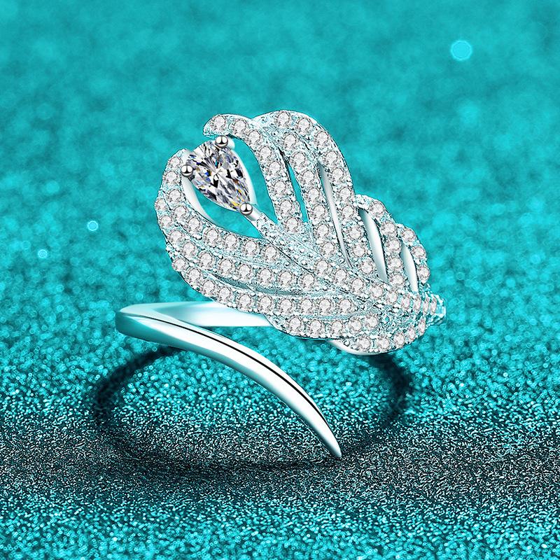 S925 Moissanite Plantain Leaf Feather Open Ring, Casual Wear