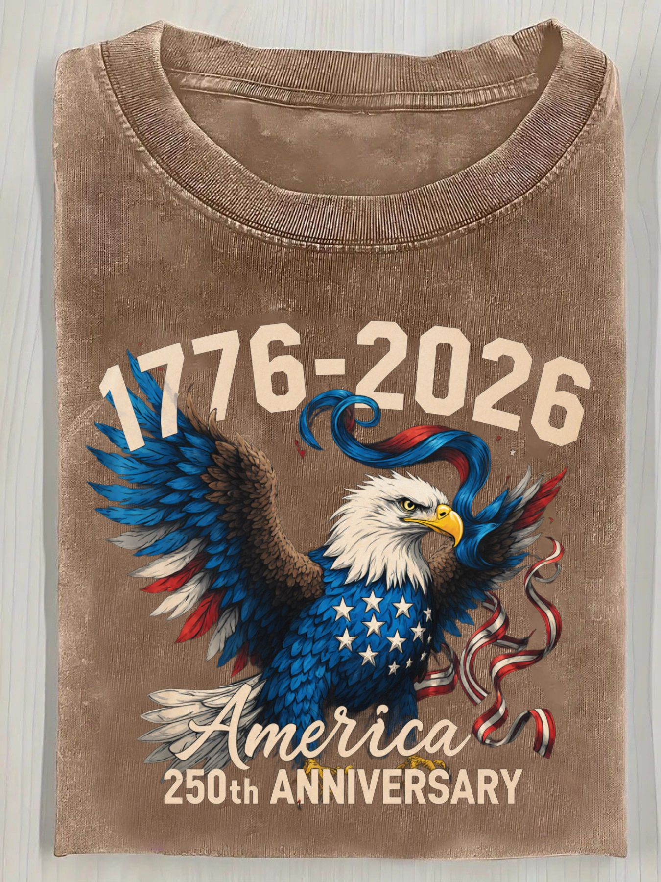 Washed Cotton T-Shirt 1776-2026 American Flag Eagle Pattern T-Shirt, Vintage Distressed Style 250th Anniversary American Celebration T-Shirt- Casual Crew Neck Pure Cotton T-Shirt, Breathable Comfortable American Independence Day Commem Washed Cotton