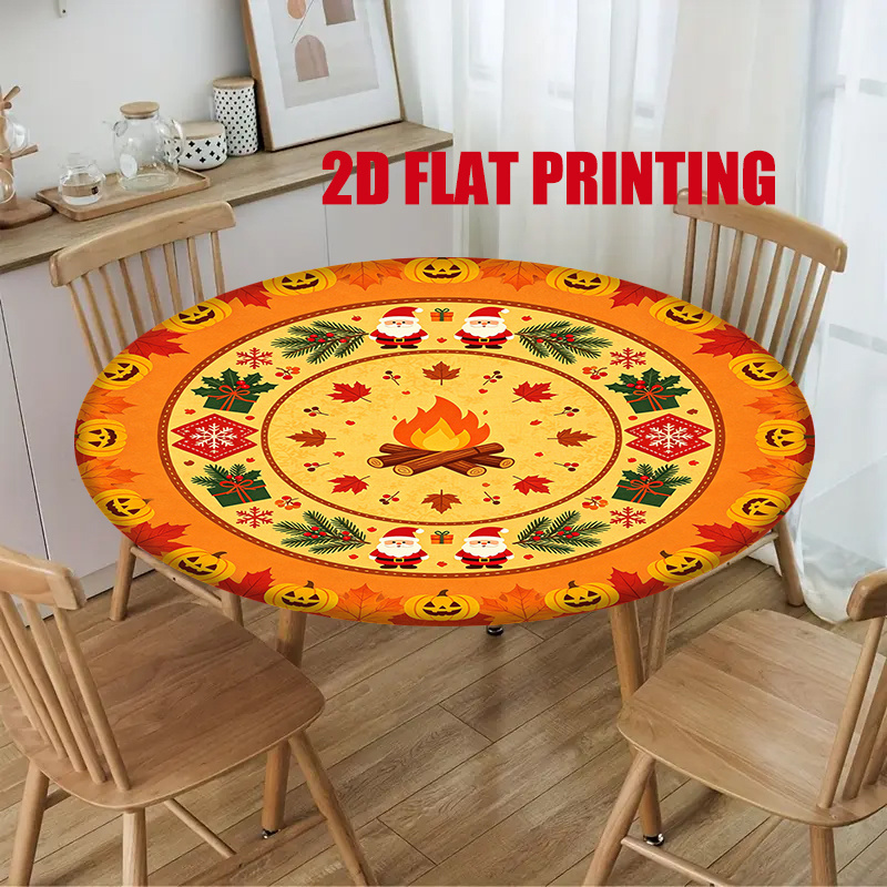 1pc 2d flat stretch round tablecloth autumn element pattern for halloween and christmas printed tablecloth stretch tablecloth elastic band tablecloth washable and easy to store for home dining room decoration