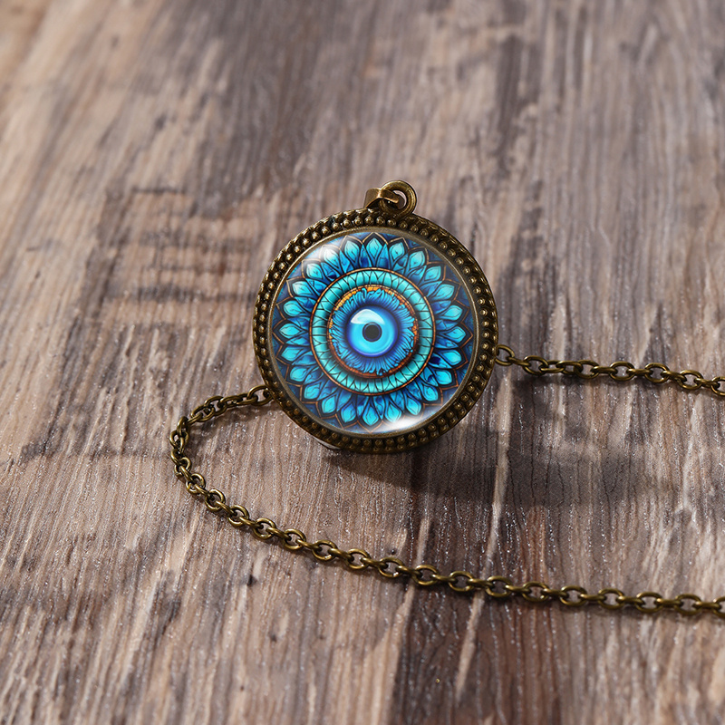 TEMU 1pc Blue Evil Eye Mandala Necklace - Handcrafted Glass Pendant - 25mm Round With Lace Border