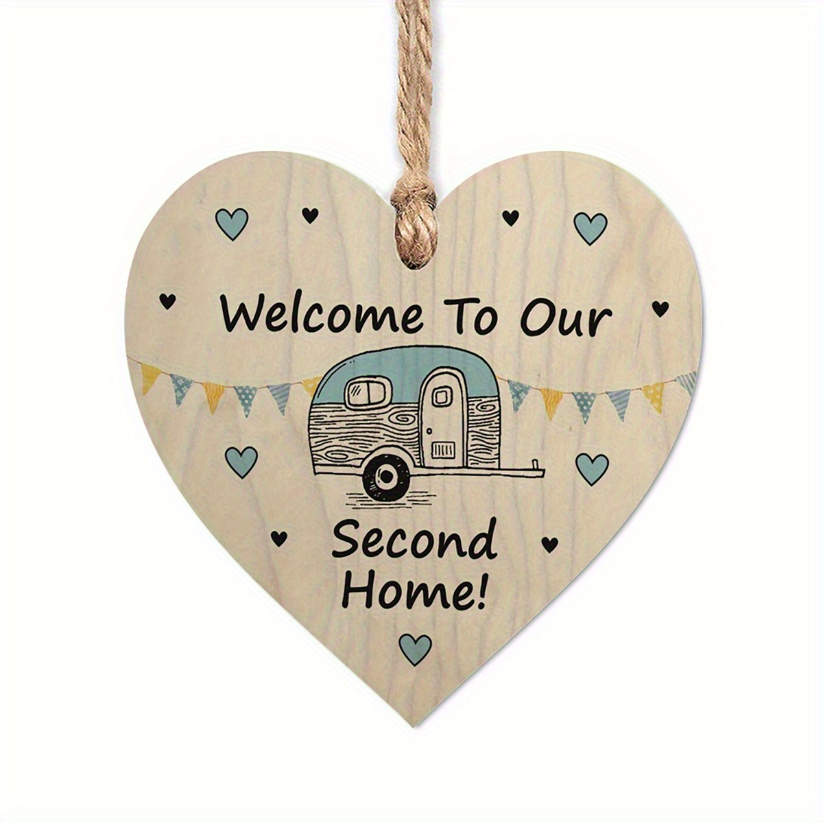 Image of 1pc Farmhouse Wooden Heart Welcome Sign - Rustic Camping Decor With & Flags Design, Perfect Gift For Camping Enthusiasts, Christmas, Thanksgiving, New Year - Holiday Wall Hanging, Camping Decorations