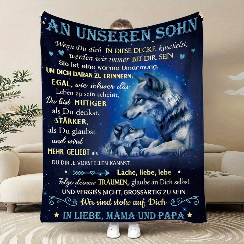 

Son Gift Blanket - Soft Flannel Throw With German Message, Cozy Wolf Design For Bed, Sofa, Or Office, Perfect Birthday Present From Mom And Dad