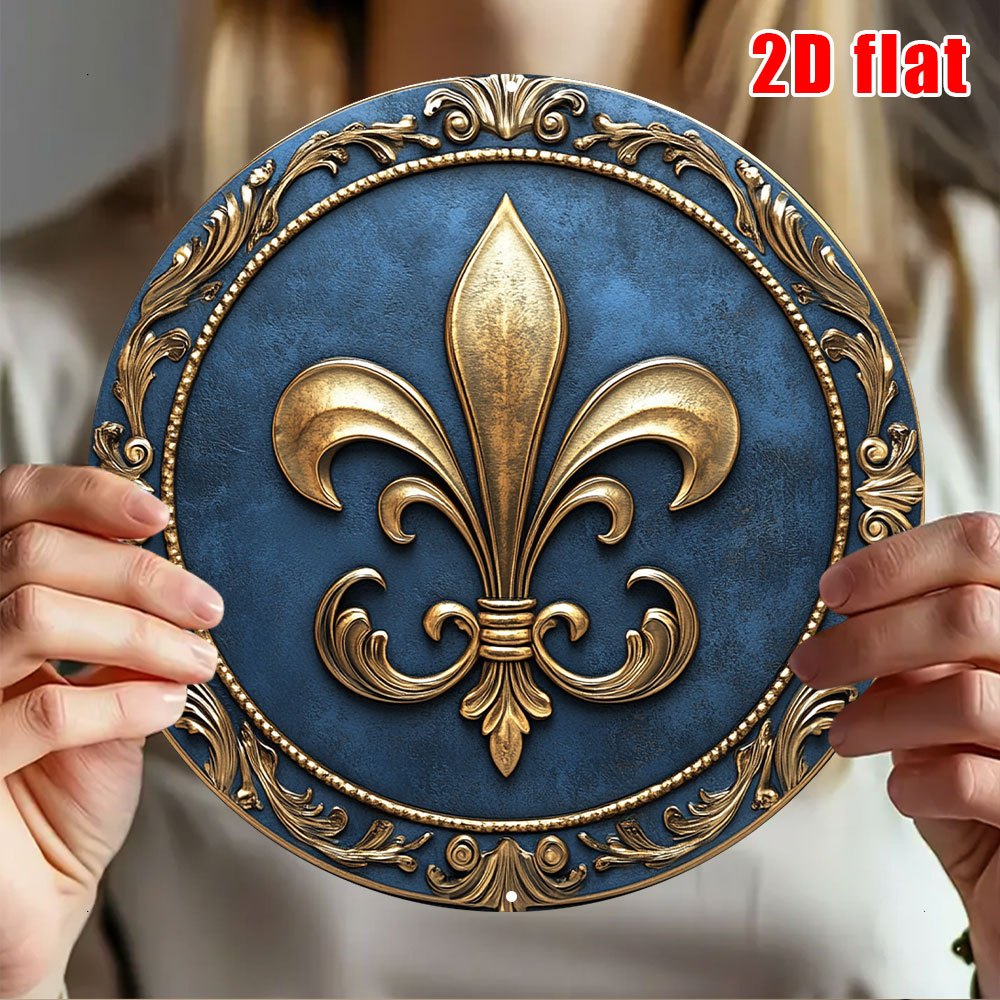 TEMU 2d Flat, 20.32x20.32 Cm Round Decorative Plaque - Vintage Golden Lily Badge On , Wall Art For Home, Bathroom, Door & Holiday Gifts, & Durable