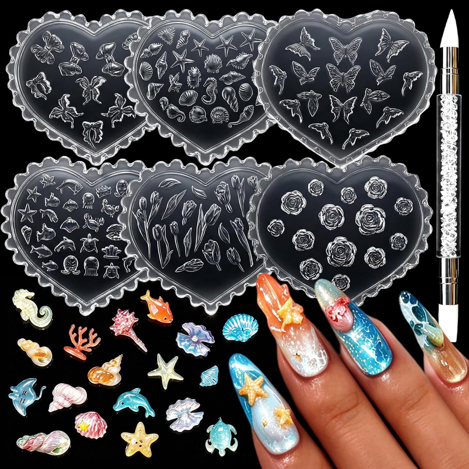 TEMU Lot de 6 moules à ongles d'été en silicone, moules 3D pour nail art avec stylet de - multiples : coquillages, étoiles de mer, nœuds, moule à