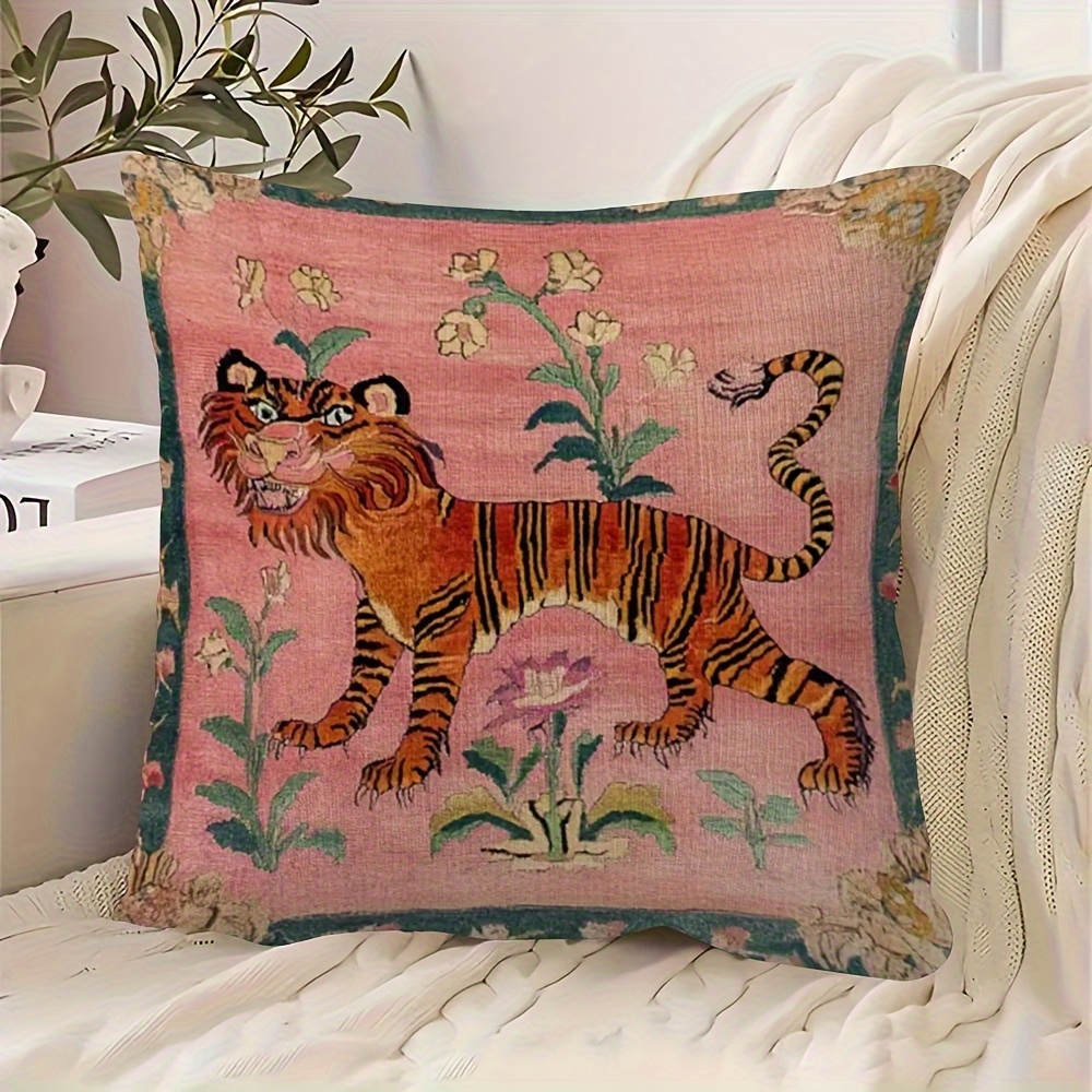 TEMU 1pc Short Plush Decorative Pillowcase - Cartoon Tiger And Floral Print, 45.72x45.72 Cm, Zipper Closure, Machine Washable, Contemporary Style For
