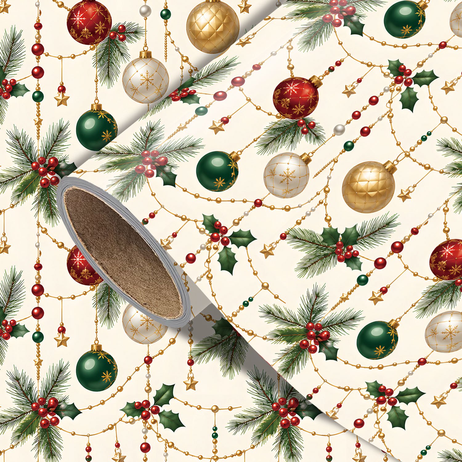 TEMU 1 Rouleau de Noël Crème, 17.7In X 118In, de Noël avec Boules Lumineuses, Branches de Pin, de Houx, Chaînes de Perles Dorées, Décorations