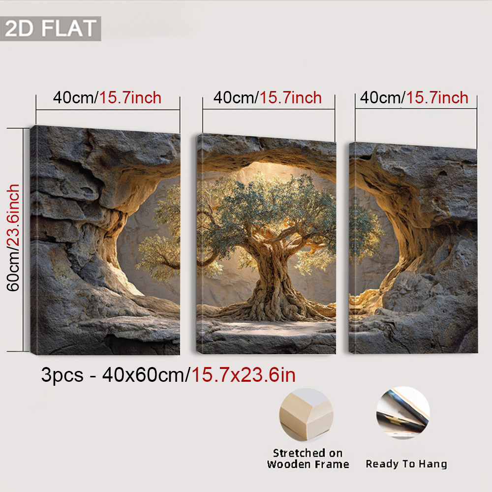 TEMU Plat 2D, Lot de 3 Affiches d'Art Encadrées Arbre Ancien, Peinture sur Toile de Roche, Décoration Murale Lumière Naturelle, Arts Muraux Paysage