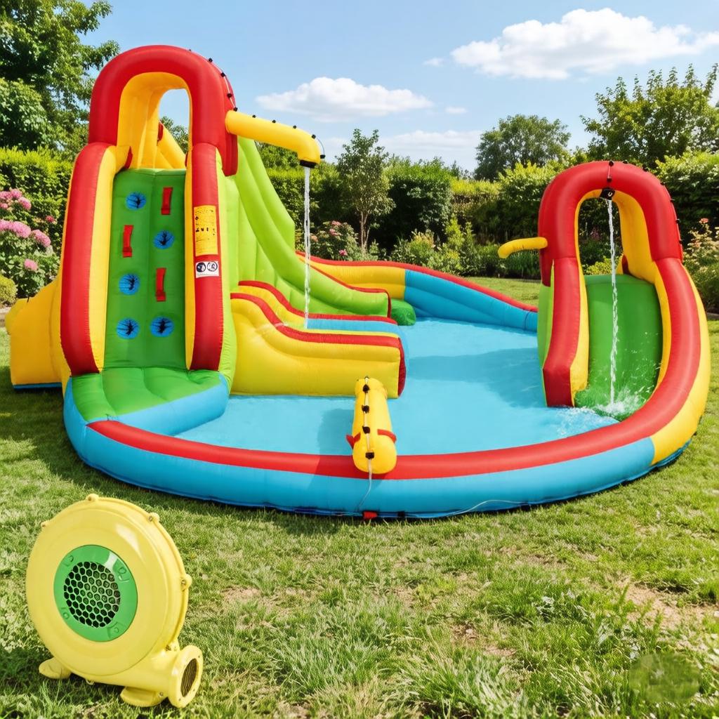 TEMU Toboggan d'eau gonflable pour enfants, grand parc gonflable avec 2 toboggans, 2 murs d'escalade, piscine à éclaboussures, canon à eau, panier de