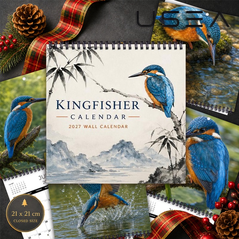 TEMU 2027 Wandkalender 2027 Kingfisher Wandkalender, 12-Maanden Hangende Dubbele Draad Spiraalkalender, 8.3X8.3 Inch Vierkant, Velden, Vakantie