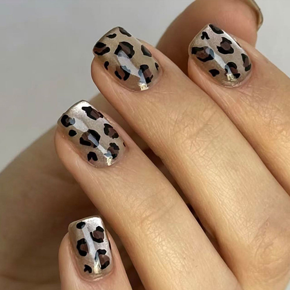 TEMU 24pcs Leopard Print Cat Eye Press-on Nails Brown Smudge Short Square Nails Removable False Nails