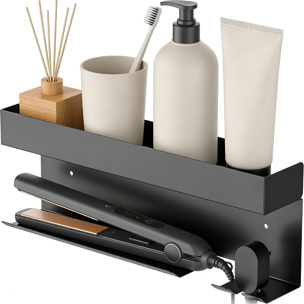 Image of 1set Stainless Steel Wall-mounted Hair Dryer Bracket Integrated Hanger Provides Storage Space, Which Is Convenient For Storing More Daily Necessities
