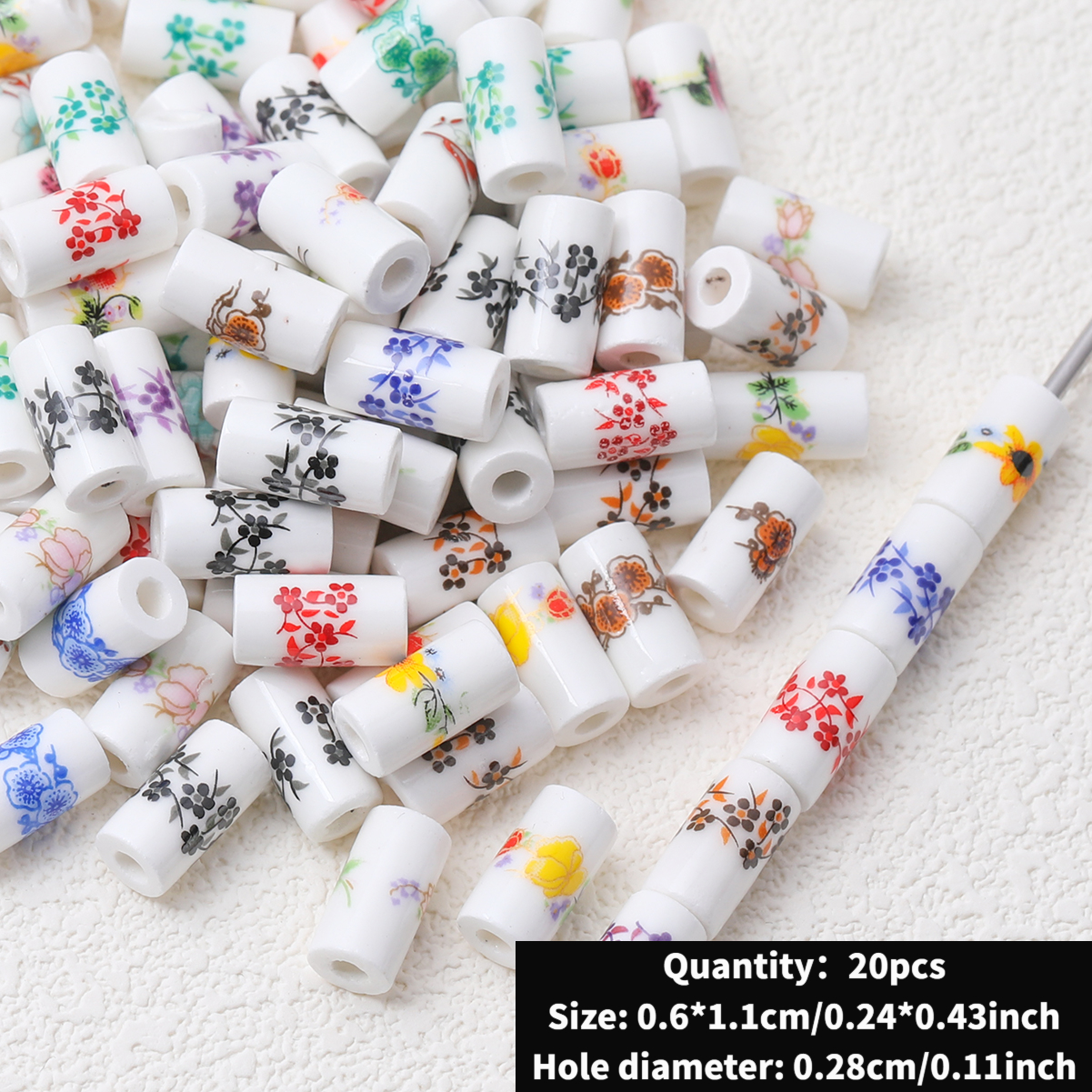 Cute Ceramic Decal Cylindrical Beads, 20pcs Set for DIY